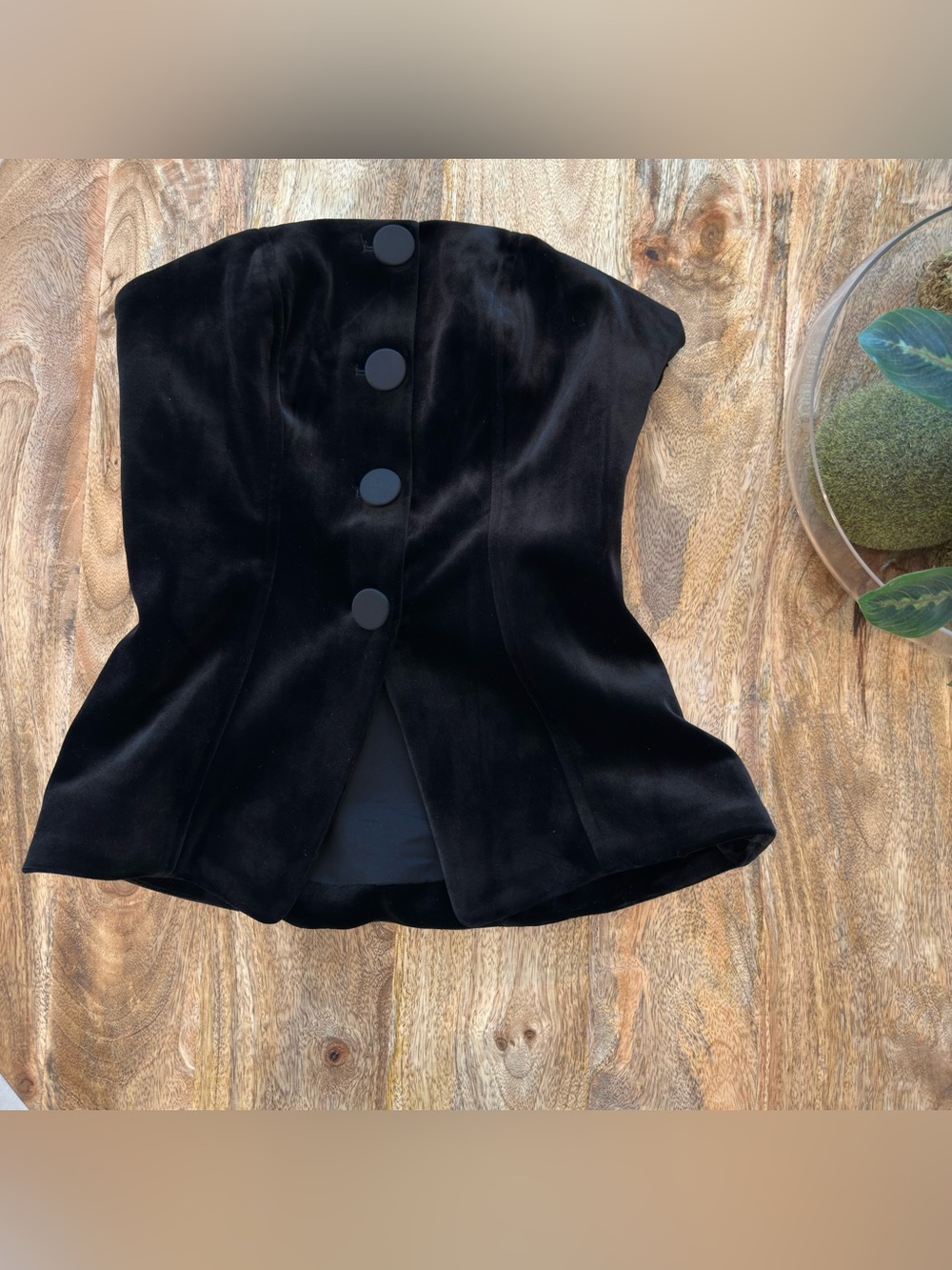 Black Velvet Strapless Corset Top with Decorative Buttons